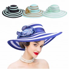 Mujers Ladies Stripe Hat Elegant Wide Brim Sun Hat Summer Beach Hat A437  eb-37974232